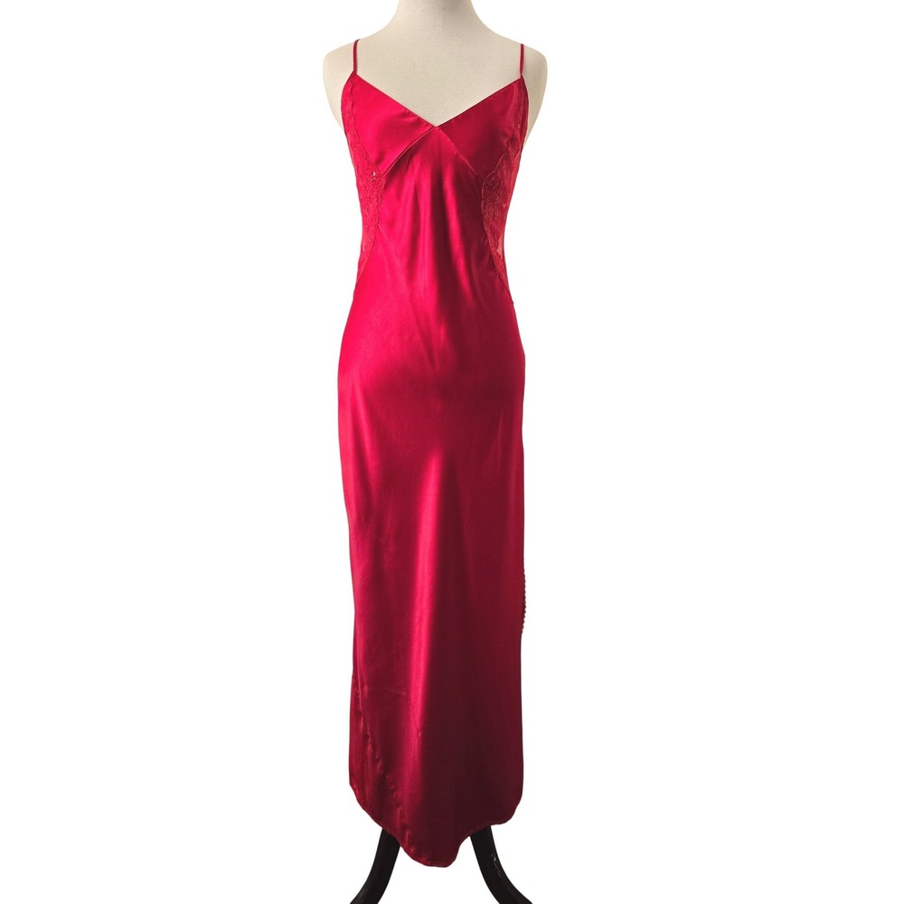 VTG Victorias Secret Red Satin Lace Sequin Maxi Slip Dress Nightgown Side Slit L